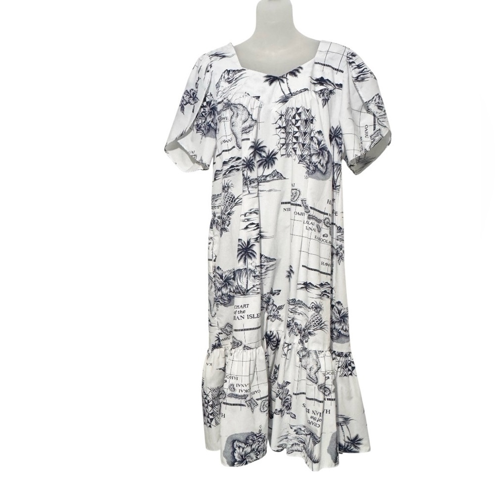 Winnie Fashion Vintage Hawaiian Muumuu with Hawaii Islands & Maps Print